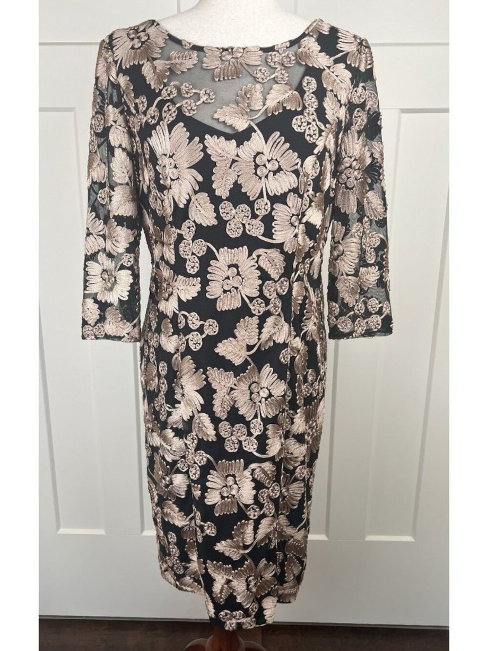 Alex Evenings Soutache Dress Sz 12 Black Champagne Embroidered Sheath Formal